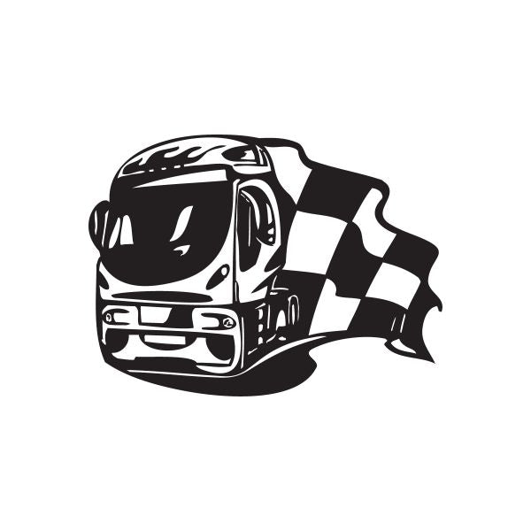 Vinyl semi truck wall decal of black cab with checkered flag banner