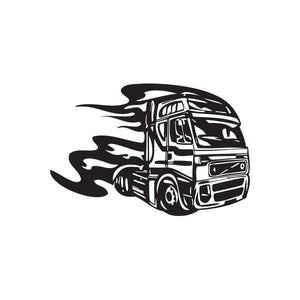 Semi truck wall decal showing black illustrated semi with side flames