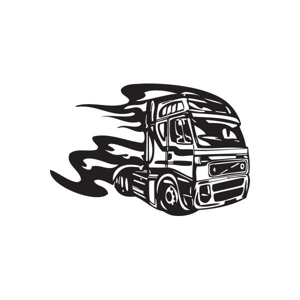 Semi truck wall decal showing black illustrated semi with side flames