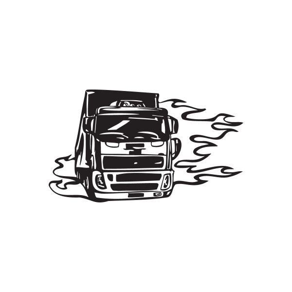 Vinyl semi truck wall decal, black truck silhouette with flame shapes