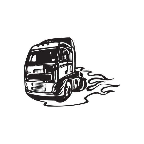 Semi truck vinyl wall decal with black truck and flame graphic
