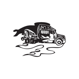 Vinyl semi truck wall decal, black line art with flames and truck cab