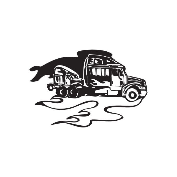 Vinyl semi truck wall decal, black line art with flames and truck cab