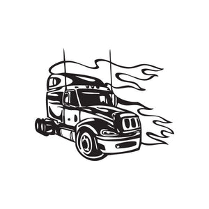 Semi truck vinyl wall decal with black flame accents and outlined truck silhouette