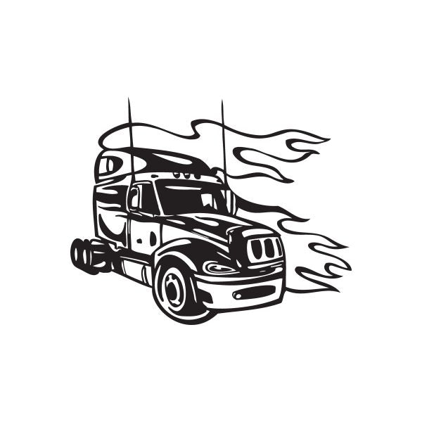 Semi truck vinyl wall decal with black flame accents and outlined truck silhouette