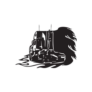Semi truck wall decal, black vinyl silhouette with flames and motion lines