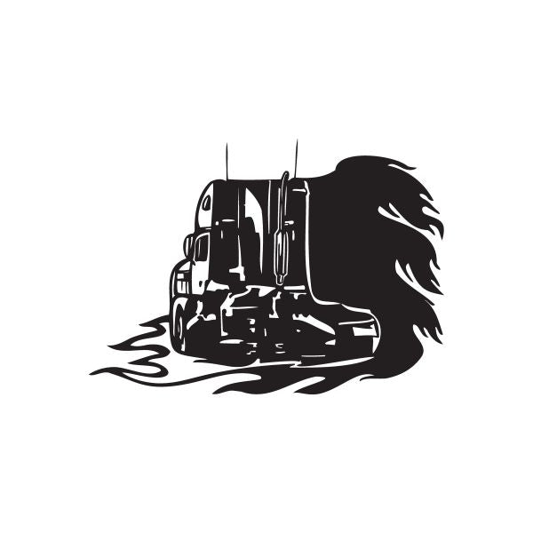 Semi truck wall decal, black vinyl silhouette with flames and motion lines