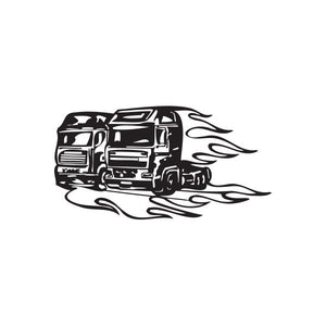 Black semi truck wall decal with flame design