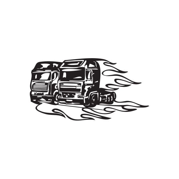 Black semi truck wall decal with flame design