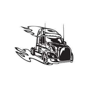Semi truck vinyl wall decal with black flames and detailed cab silhouette