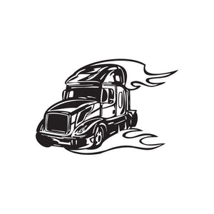 Semi truck vinyl wall decal, black stylized truck with flame graphics