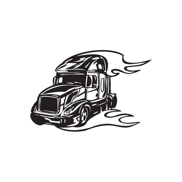 Semi truck vinyl wall decal, black stylized truck with flame graphics