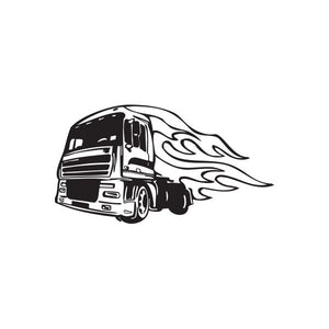 Semi truck vinyl wall decal, black flame-truck silhouette with roaring flame graphics