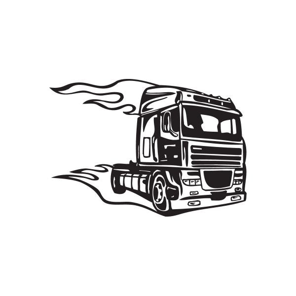 Semi truck wall decal with black-and-white flame graphics