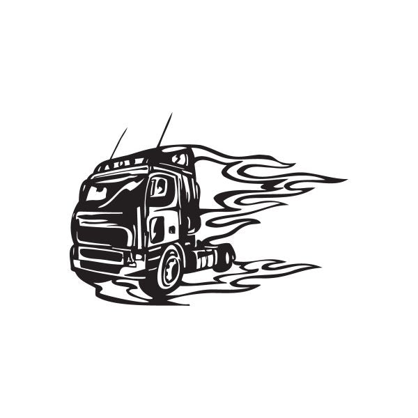 Semi truck wall decal with flame graphics, black outline and dark shading