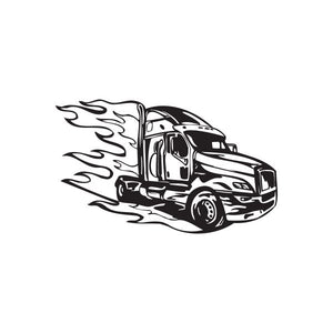 Semi truck vinyl wall decal with black outlined truck and flame graphics