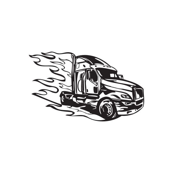 Semi truck vinyl wall decal with black outlined truck and flame graphics