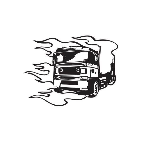 Semi truck vinyl wall decal with black truck and flame design