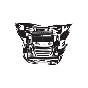 Black semi truck wall decal with stylized cab front and flames