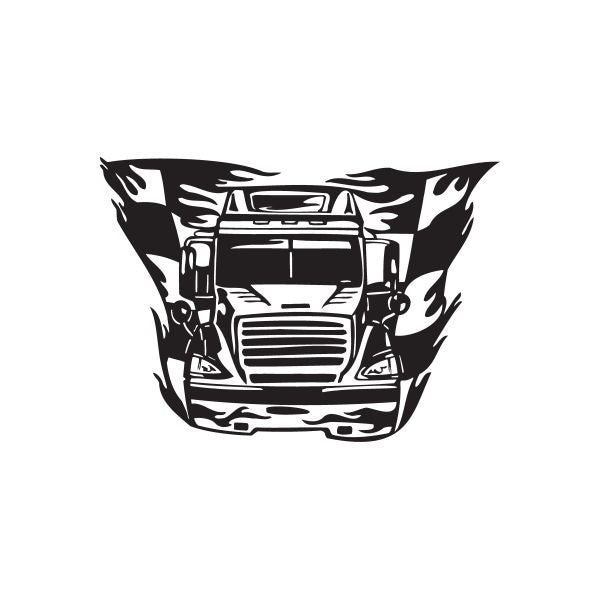 Black semi truck wall decal with stylized cab front and flames