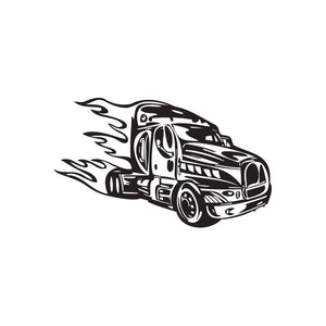 Vinyl semi truck wall decal, black truck with stylized flames and wheel details