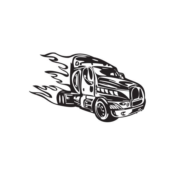 Vinyl semi truck wall decal, black truck with stylized flames and wheel details
