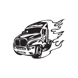 Semi truck wall decal: black and white semi truck with flame accents