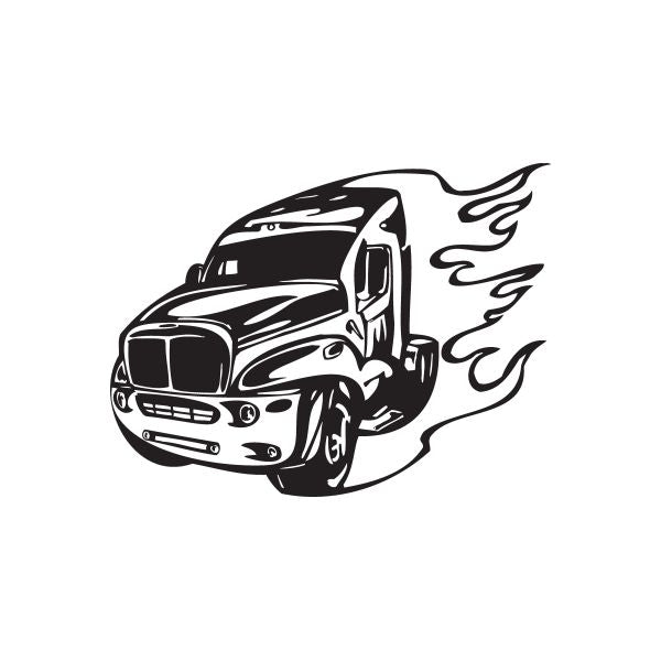 Semi truck wall decal: black and white semi truck with flame accents