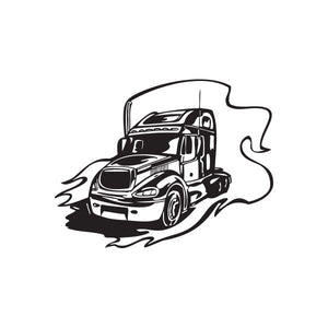 Vinyl semi truck wall decal, black line art truck with motion lines and smoke shape