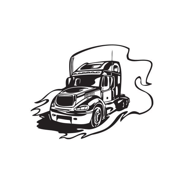 Vinyl semi truck wall decal, black line art truck with motion lines and smoke shape