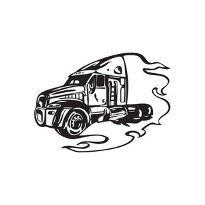 Semi truck vinyl wall decal, black line art with flame trail