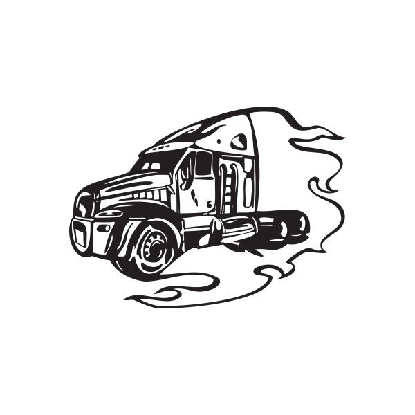 Semi truck vinyl wall decal, black line art with flame trail
