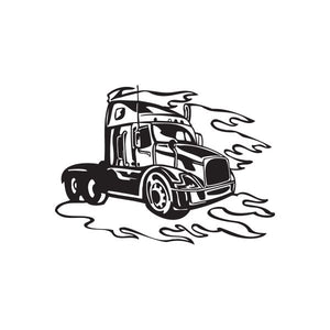Semi truck vinyl wall decal, black outline with flame trail
