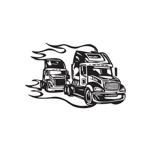Semi truck vinyl wall decal in black with stylized flames