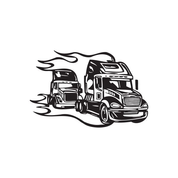 Semi truck vinyl wall decal in black with stylized flames