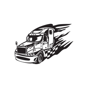 Semi truck vinyl decal with stylized black-and-white truck and flame-like graphics