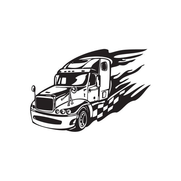 Semi truck vinyl decal with stylized black-and-white truck and flame-like graphics