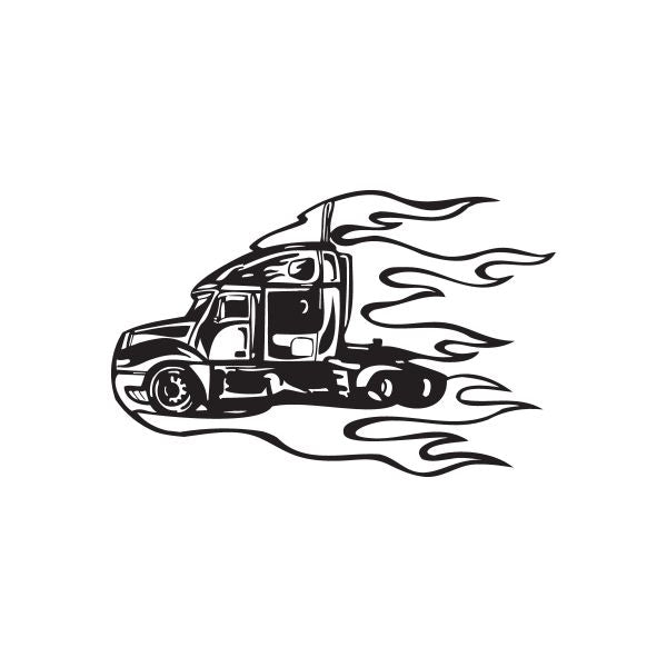 Semi truck vinyl decal, black flame truck silhouette with roaring flame tail