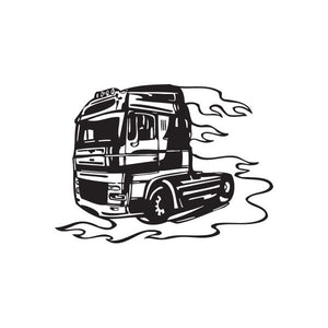Semi truck wall decal with black truck and flame swirls