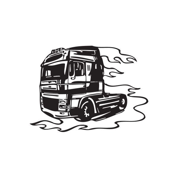 Semi truck wall decal with black truck and flame swirls