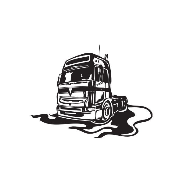 Semi truck vinyl wall decal, black outline with road splash shadow