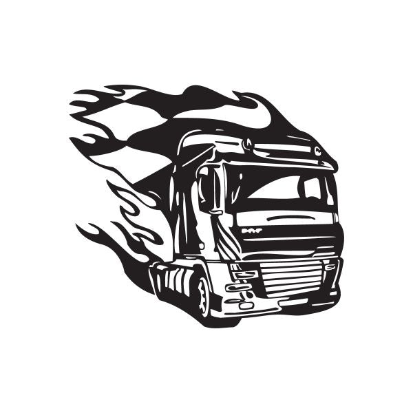 Vinyl semi truck wall decal, black truck front with flame-style shape
