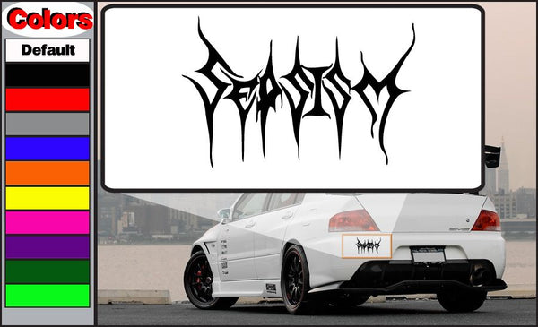 Gothic-style car decal with jagged black lettering