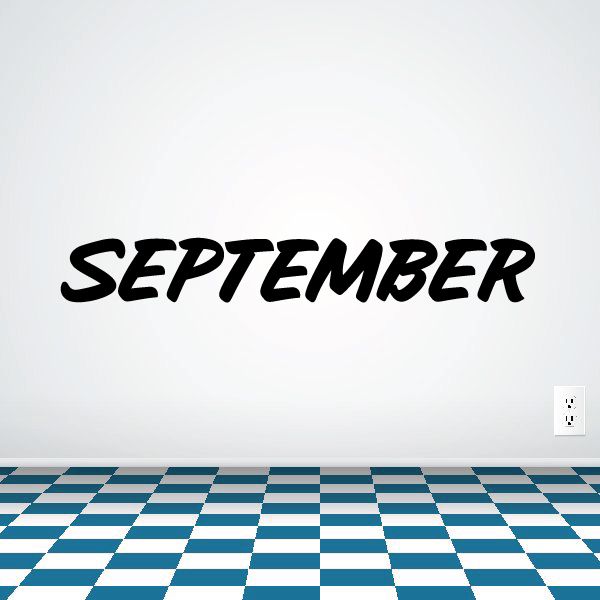 September wall decal vinyl with black stylized word and blue checkered border