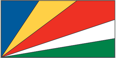 Seychelles flag sticker with diagonal blue, yellow, red, white, and green bands