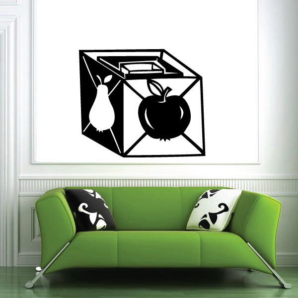 Vinyl wall decal: geometric cube with pear and apple shapes in black and white