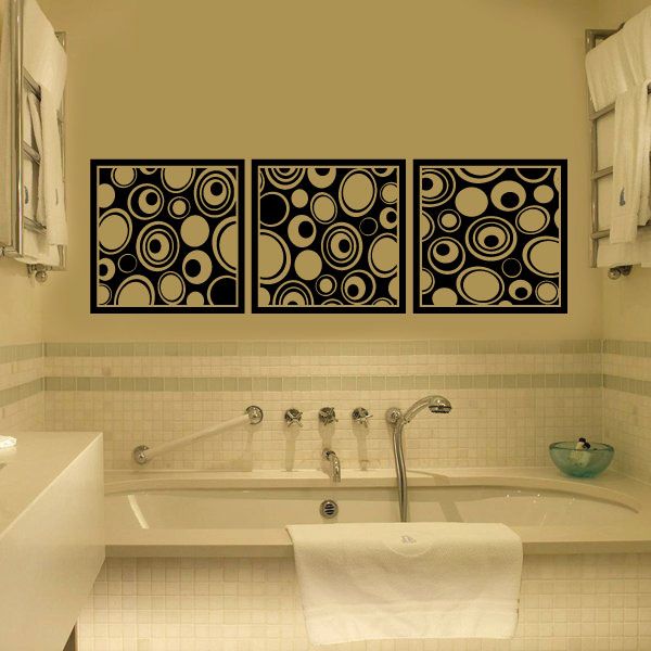 Three-panel abstract pebble circle decal set, black and gold circular shapes