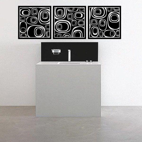 Three-square abstract pebbles wall decal set with black and white circular shapes