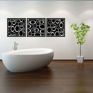 Set of 3 square abstract oval wall decals, black and white line pattern