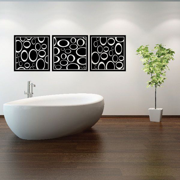 Set of 3 square abstract oval wall decals, black and white line pattern